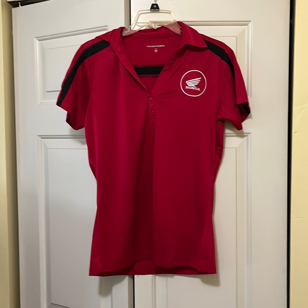 Honda women’s red V-neck T-shirt. Size medium.